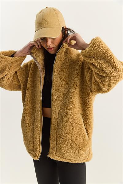 Kadın Cep Detaylı Fermuarlı Astarlı Dik Yaka Peluş Mont 60283631 - Camel
