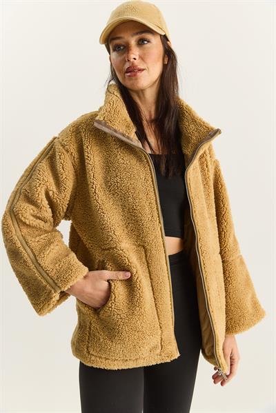 Kadın Cep Detaylı Fermuarlı Astarlı Dik Yaka Peluş Mont 60283631 - Camel
