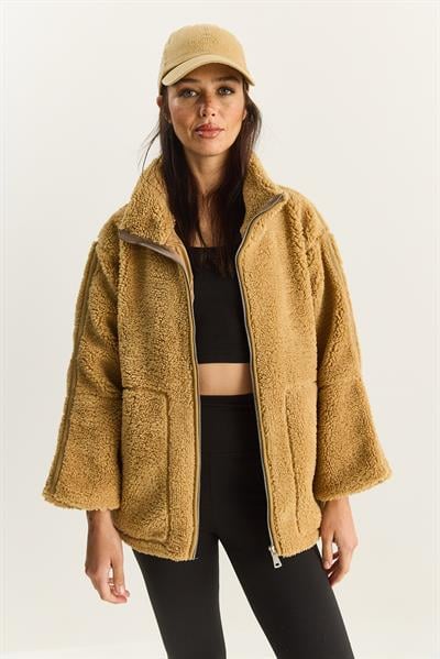 Kadın Cep Detaylı Fermuarlı Astarlı Dik Yaka Peluş Mont 60283631 - Camel
