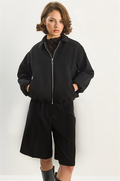 Kadın Cep Detaylı Fermuarlı Kaşe Bomber Ceket 0728 60283627 - Siyah