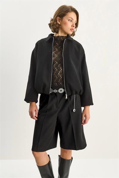 Kadın Cep Detaylı Fermuarlı Kaşe Bomber Ceket 0728 60283627 - Siyah