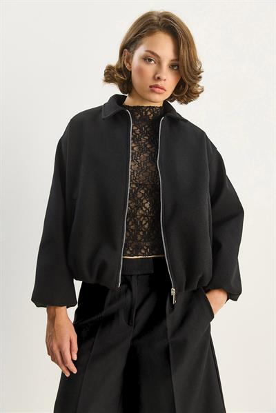 Kadın Cep Detaylı Fermuarlı Kaşe Bomber Ceket 0728 60283627 - Siyah