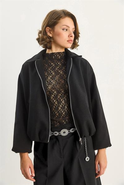 Kadın Cep Detaylı Fermuarlı Kaşe Bomber Ceket 0728 60283627 - Siyah