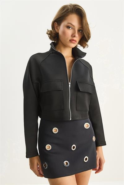 Kadın Cep Detaylı Fermuarlı Scuba Dalgıç Bomber Ceket 1333 60283621 - Siyah