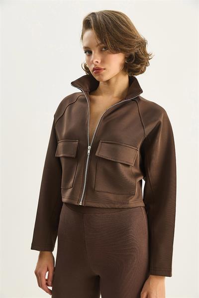 Kadın Cep Detaylı Fermuarlı Scuba Dalgıç Bomber Ceket 1333 60283621 - Acı Kahve