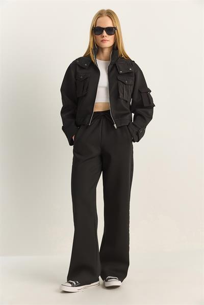 Kadın Cep Detaylı Kapüşonlu Fermuarlı Scuba Alt-Üst Takım 4058 60283919 - Siyah