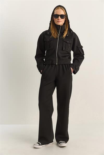 Kadın Cep Detaylı Kapüşonlu Fermuarlı Scuba Alt-Üst Takım 4058 60283919 - Siyah