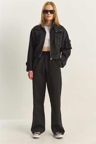 Kadın Cep Detaylı Kapüşonlu Fermuarlı Scuba Alt-Üst Takım 4058 60283919 - Siyah