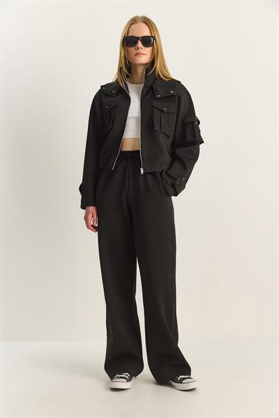 Kadın Cep Detaylı Kapüşonlu Fermuarlı Scuba Alt-Üst Takım 4058 60283919 - Siyah