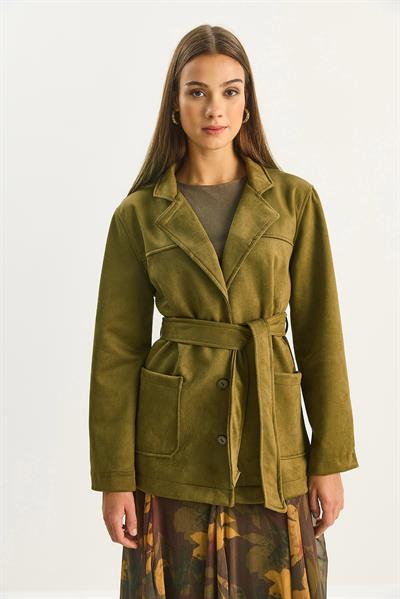 Kadın Cep Detaylı Kuşaklı Süet Ceket 60283669 - Haki