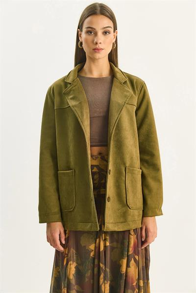 Kadın Cep Detaylı Kuşaklı Süet Ceket 60283669 - Haki