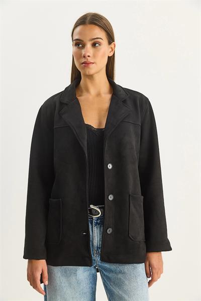 Kadın Cep Detaylı Kuşaklı Süet Ceket 60283669 - Siyah