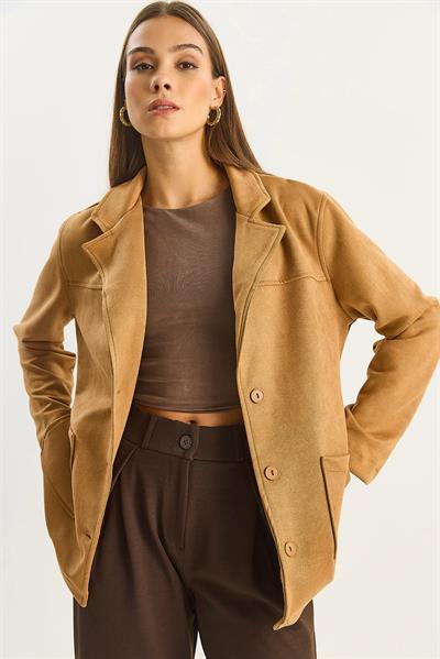 Kadın Cep Detaylı Kuşaklı Süet Ceket 60283669 - Camel