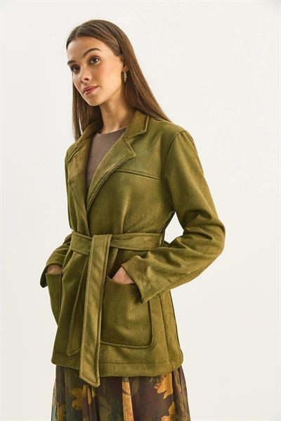 Kadın Cep Detaylı Kuşaklı Süet Ceket 60283669 - Haki