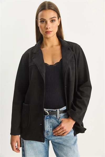 Kadın Cep Detaylı Kuşaklı Süet Ceket 60283669 - Siyah