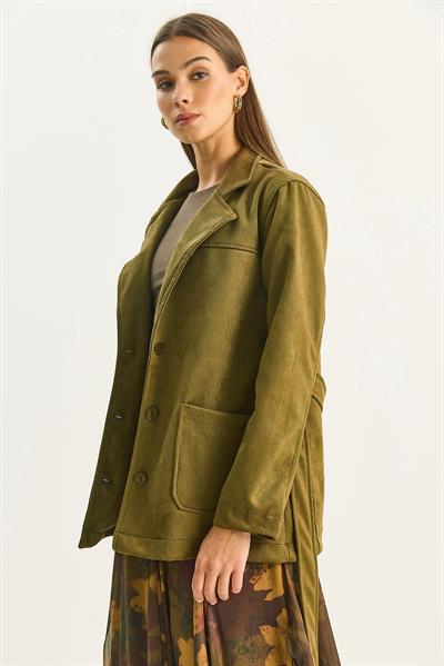 Kadın Cep Detaylı Kuşaklı Süet Ceket 60283669 - Haki