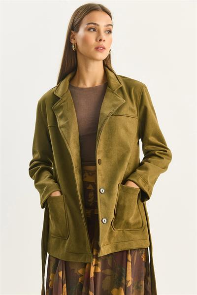 Kadın Cep Detaylı Kuşaklı Süet Ceket 60283669 - Haki