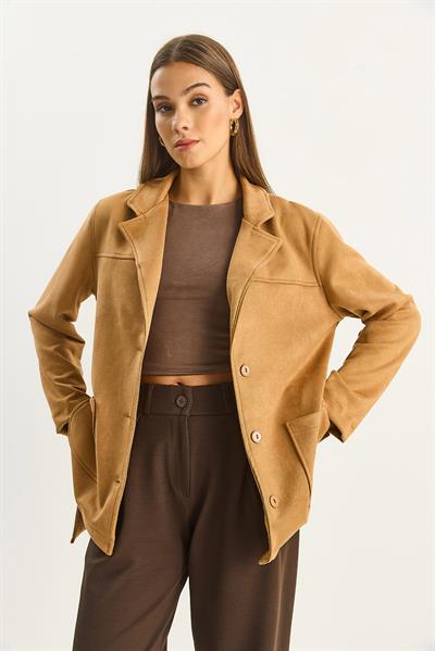 Kadın Cep Detaylı Kuşaklı Süet Ceket 60283669 - Camel