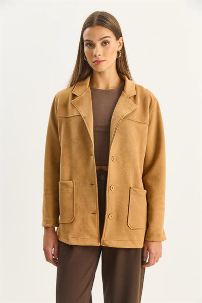 Kadın Cep Detaylı Kuşaklı Süet Ceket 60283669 - Camel
