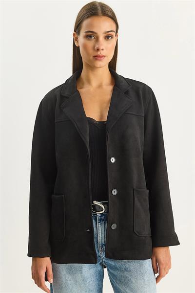Kadın Cep Detaylı Kuşaklı Süet Ceket 60283669 - Siyah