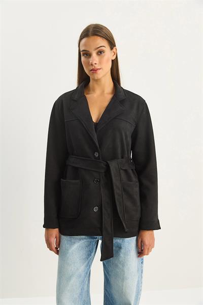 Kadın Cep Detaylı Kuşaklı Süet Ceket 60283669 - Siyah