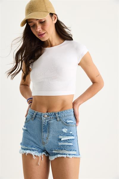 Kadın Cep Detaylı Püsküllü Yırtık Denim Şort 60283399 - Mavi