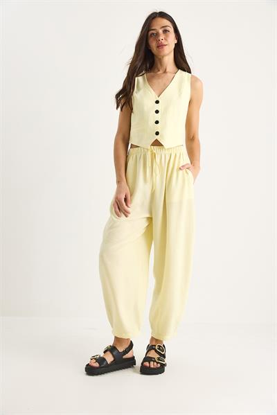 Kadın Cep Detaylı Rahat Pantolon Yelekli Alt-Üst Takım 8001 60283425 - Limon Sarısı