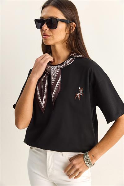 Kadın Ceylan Nakışlı Fularlı Basic Salaş T-Shirt 7517 60283977 - Siyah