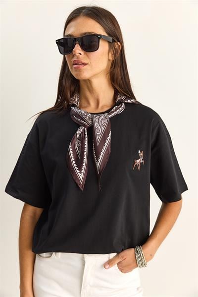 Kadın Ceylan Nakışlı Fularlı Basic Salaş T-Shirt 7517 60283977 - Siyah