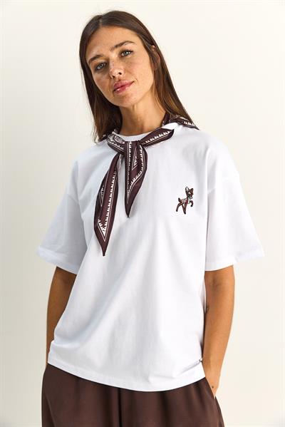 Kadın Ceylan Nakışlı Fularlı Basic Salaş T-Shirt 7517 60283977 - Beyaz