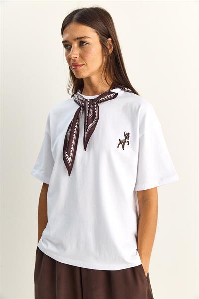 Kadın Ceylan Nakışlı Fularlı Basic Salaş T-Shirt 7517 60283977 - Beyaz