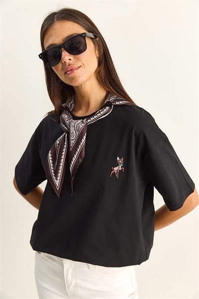 Kadın Ceylan Nakışlı Fularlı Basic Salaş T-Shirt 7517 60283977 - Siyah