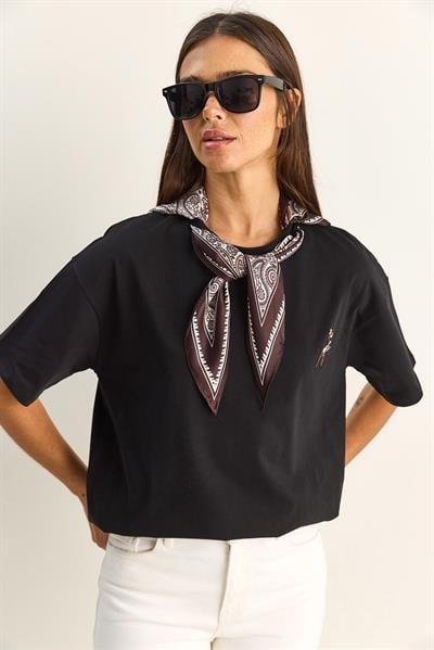 Kadın Ceylan Nakışlı Fularlı Basic Salaş T-Shirt 7517 60283977 - Siyah