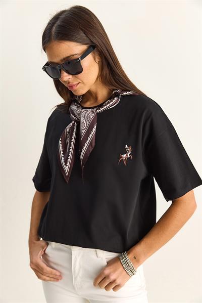 Kadın Ceylan Nakışlı Fularlı Basic Salaş T-Shirt 7517 60283977 - Siyah