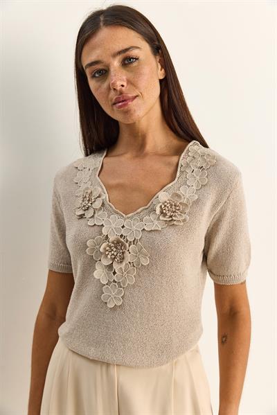 Kadın Çiçek Aplikeli V Yaka Triko Bluz TK261039 60286167 - Taş