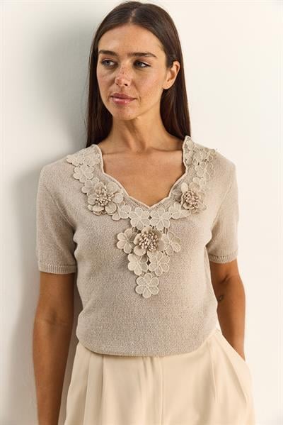 Kadın Çiçek Aplikeli V Yaka Triko Bluz TK261039 60286167 - Taş