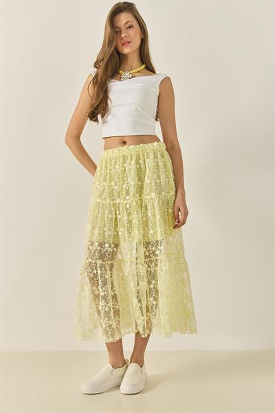 Kadın Çiçek Dantelli Kısa Astarlı Volanlı Normal Bel Uzun Etek 6631 60283260 - Limon Sarısı