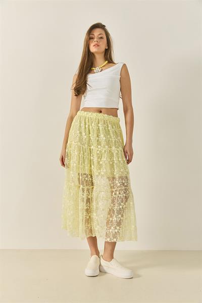 Kadın Çiçek Dantelli Kısa Astarlı Volanlı Normal Bel Uzun Etek 6631 60283260 - Limon Sarısı