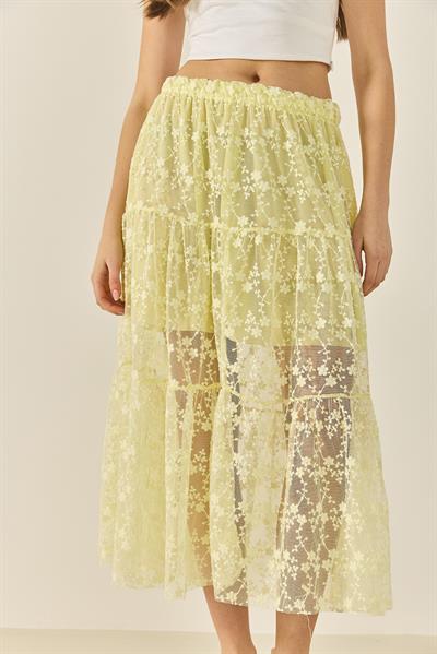Kadın Çiçek Dantelli Kısa Astarlı Volanlı Normal Bel Uzun Etek 6631 60283260 - Limon Sarısı