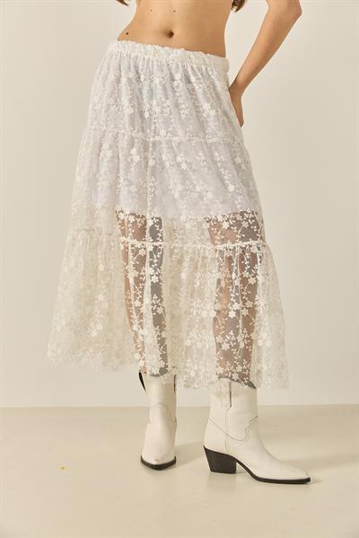 Kadın Çiçek Dantelli Kısa Astarlı Volanlı Normal Bel Uzun Etek 6631 60283260 - Beyaz