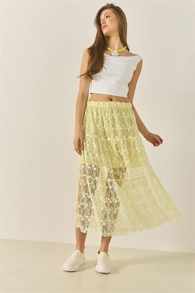 Kadın Çiçek Dantelli Kısa Astarlı Volanlı Normal Bel Uzun Etek 6631 60283260 - Limon Sarısı
