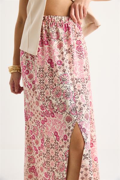 Kadın Çiçek Desenli Beli Lastikli Yırtmaç Detaylı Pamuklu Etek 6689 60283412 - Pembe