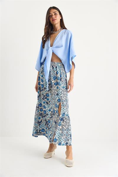 Kadın Çiçek Desenli Beli Lastikli Yırtmaç Detaylı Pamuklu Etek 6689 60283412 - Mavi