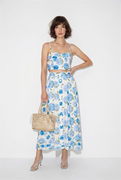 Kadın Çiçek Desenli Crop Bluz ve Düğme Detaylı Midi Etek Takım 7697 60286365 - Ekru-Mavi