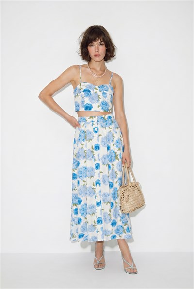 Kadın Çiçek Desenli Crop Bluz ve Düğme Detaylı Midi Etek Takım 7697 60286365 - Ekru-Mavi