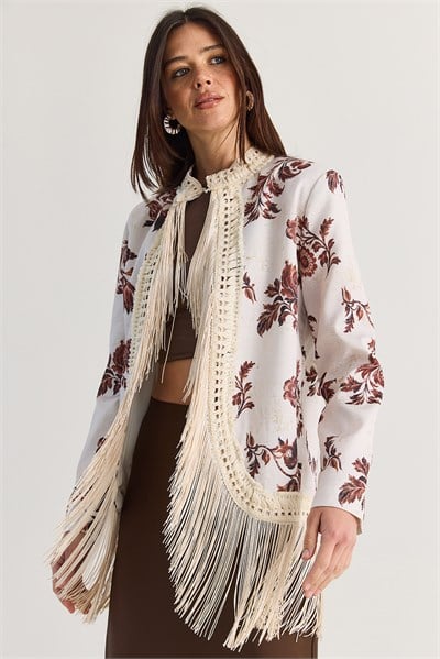 Kadın Çiçek Desenli Dik Yaka Bohem Vintage Tasarım Püsküllü Vatkalı Ceket 5014 60286597 - Krem-Kahverengi