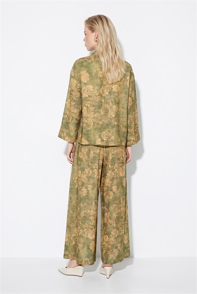 Kadın Çiçek Desenli Hakim Yaka Kimono Cepli Palazzo Pantolon Takım 2315 60286488 - Yeşil