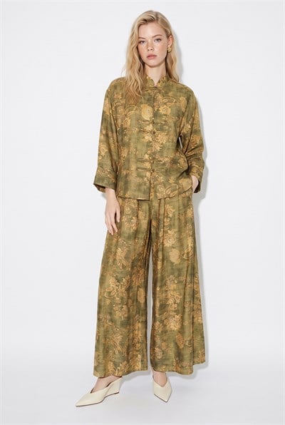 Kadın Çiçek Desenli Hakim Yaka Kimono Cepli Palazzo Pantolon Takım 2315 60286488 - Yeşil ALT - ÜST TAKIM modelleri