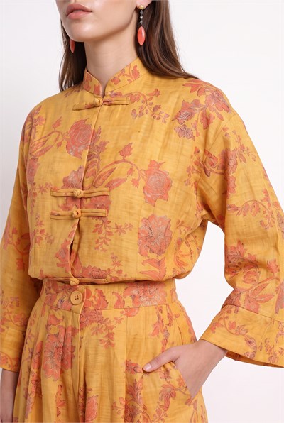 Kadın Çiçek Desenli Hakim Yaka Kimono Cepli Palazzo Pantolon Takım 2315 60286488 - Hardal