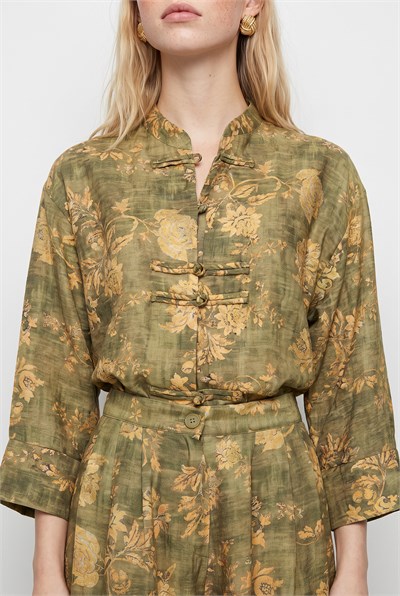 Kadın Çiçek Desenli Hakim Yaka Kimono Cepli Palazzo Pantolon Takım 2315 60286488 - Yeşil